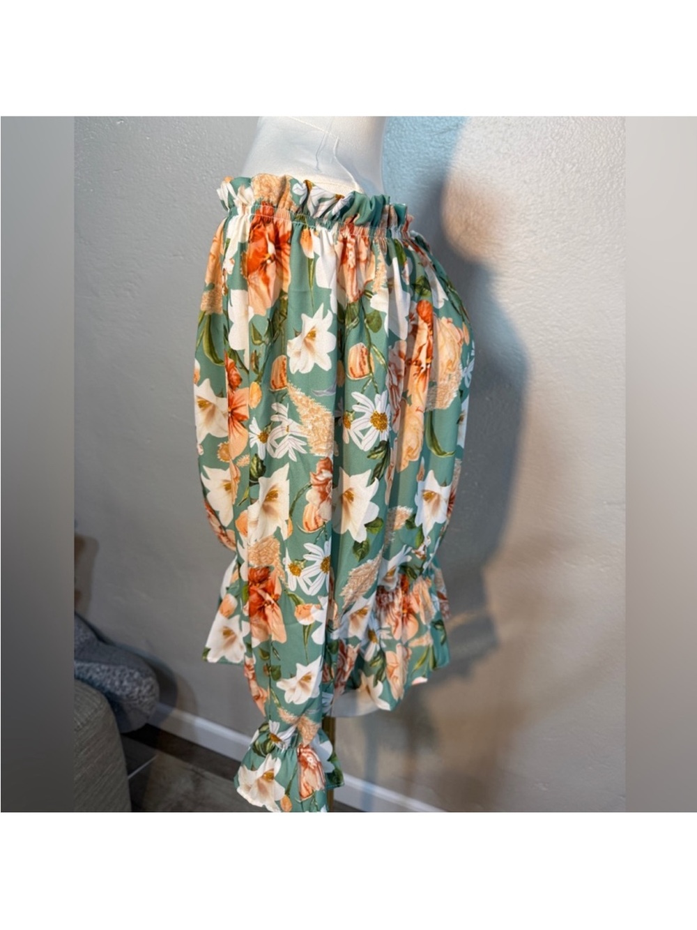 Off-Shoulder Floral Blouse in Sage with Peach & White Blooms - Picture 6 of 9